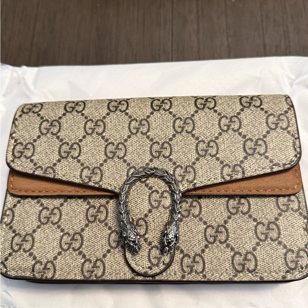 Gucci Beige and Tan Clutch with Silver Accent